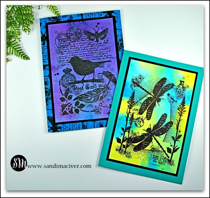 Nuvo Shimmer Powder Backgrounds on greeting cards with collage silhouette stamping