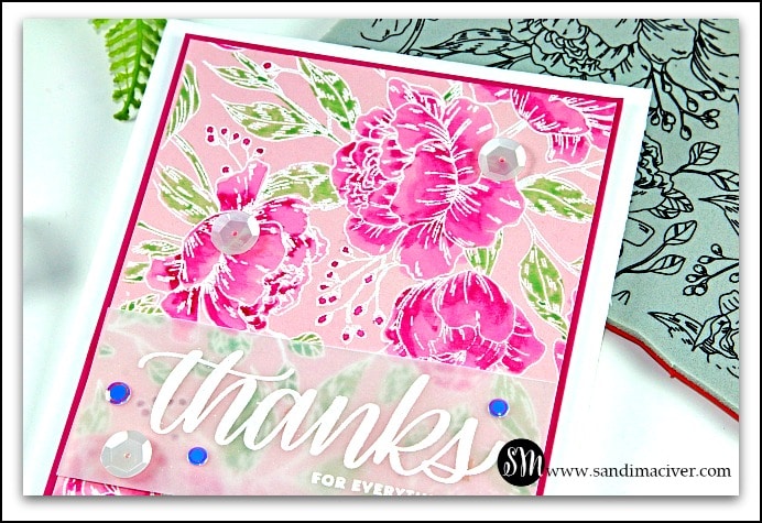 pink and green water colored greeting card created with new card making products from SImon Says Stamp