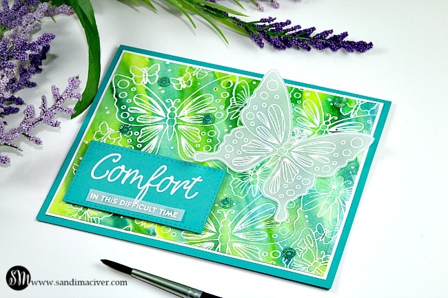 handmade greeting card in blues and greens using butterfly comfort card making supplies from Simon Says Stamp