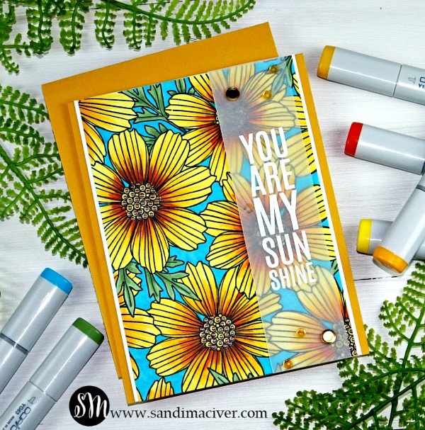 handmade card with big yellow daisies colored with copic markers and stamped using cardmaking products from SImon Says Stamp
