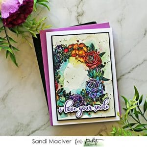 picture of a handmade card created with the Picket Fence Studios Flower Wreath Stamp Set