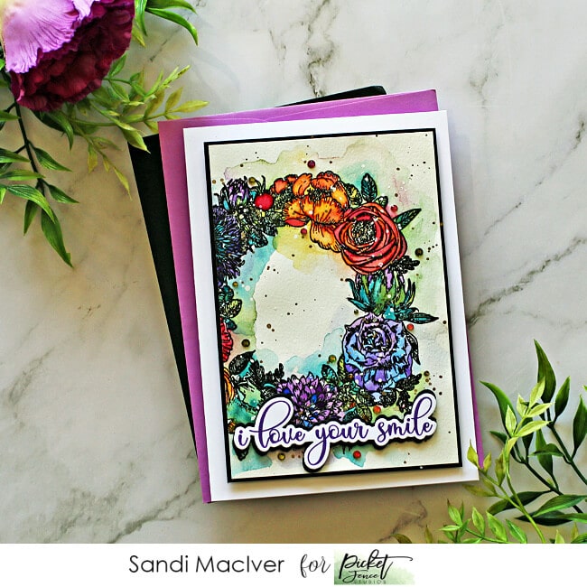 picture of a handmade card created with the Picket Fence Studios Flower Wreath Stamp Set