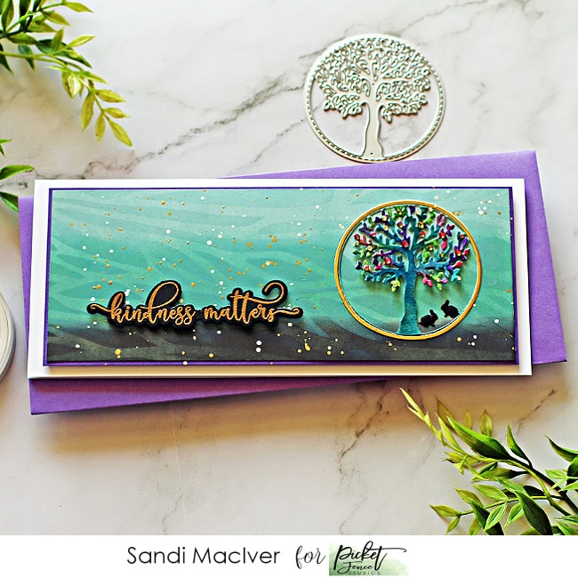 image of a hand made card created with the Picket Fence Studios Tree Scenery Slimline Insert