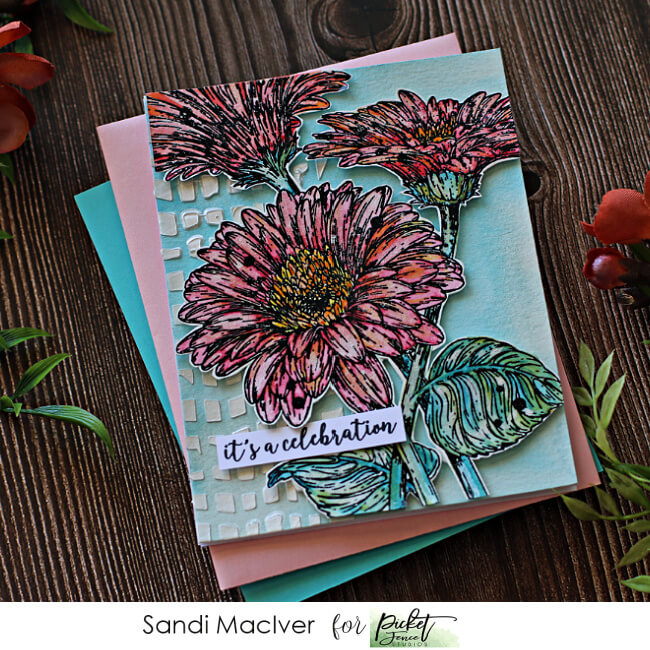 picture of a hand made card created with the Picket Fence Studios Wild Daisies Stamp