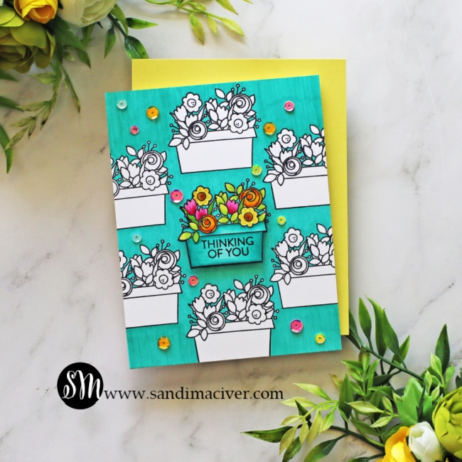 image of teal hand made card created with the Simon Says Stamp Window Box Blooms stamp set