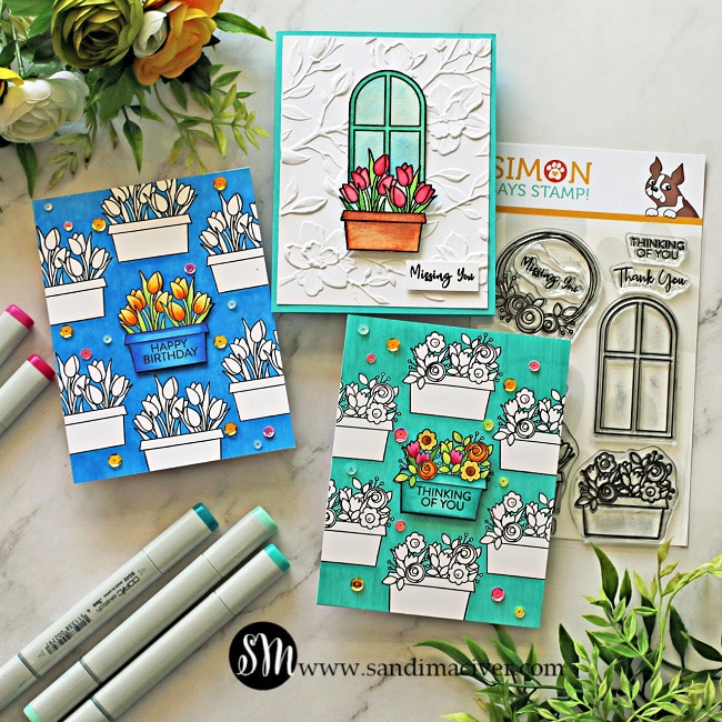 images of three hand made greeting cards created with the Simon Says Stamp Window Box blooms stamp set