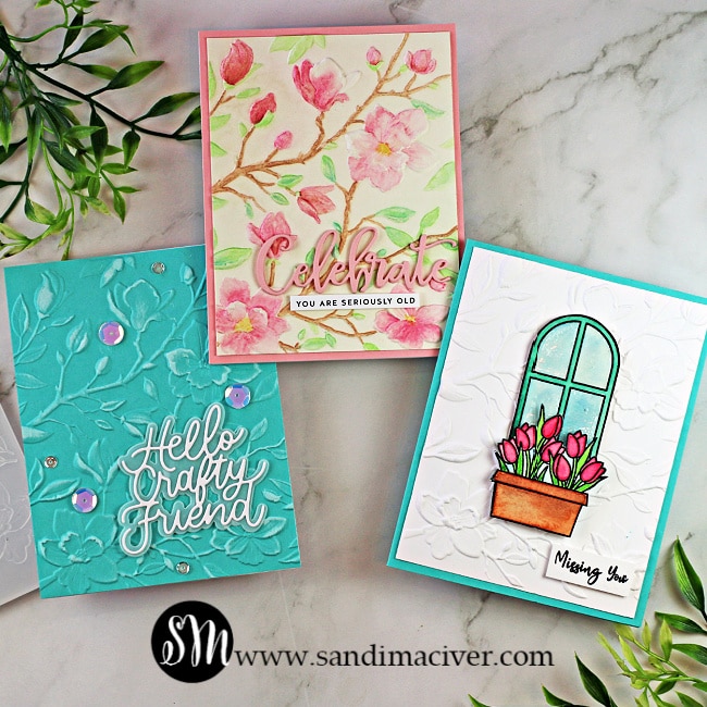 three hand made greeting cards created with the Simon Says Stamp Magnolia Branches Embossing Folder