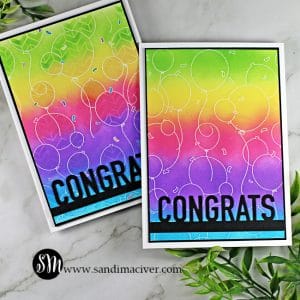 sandimaciver.com image of two handmade greeting cards created with the Party Balloons background stamp from Simon Says Stamp