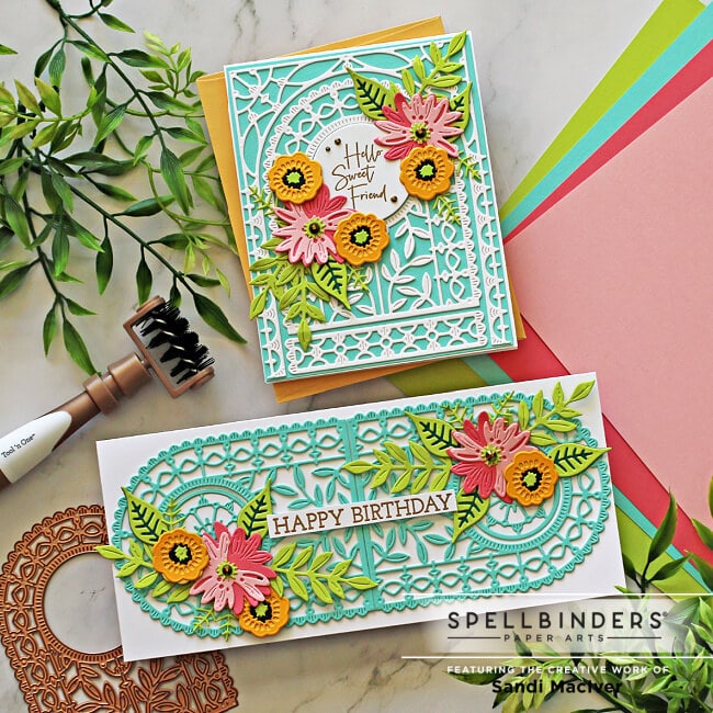 image of a slimline and A2 sized hand made cards created with the new May Arched As and Slimline Card Die of the month kit from Spellbinders paper crafts