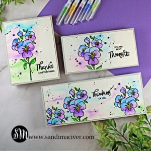 three hand made cards watercolor and stamped with the Pressing Thoughts stamp set from Ellen Hutson