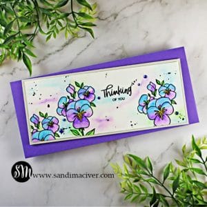 hand made slimline watercolor card stamped with cardmaking supplies from Ellen Hutson Pressing thoughts stamp set