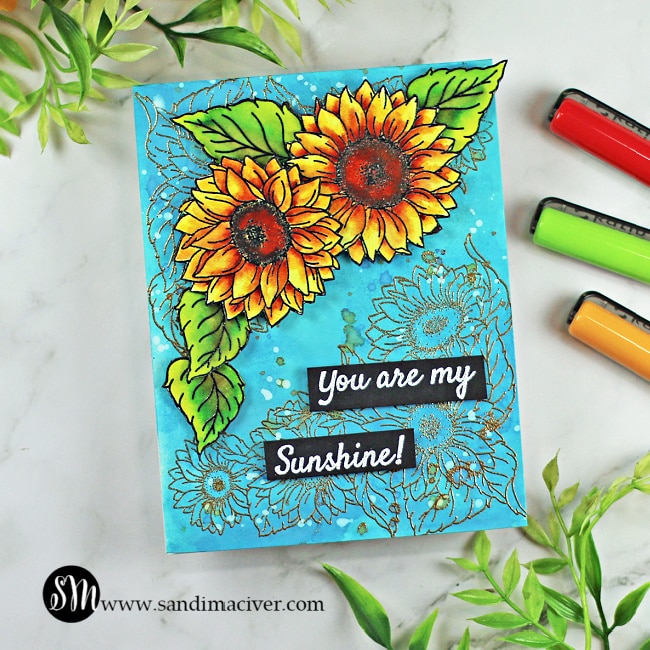 hand made watercolored greeting card created with the Sunshine and Sunflowers stamp and die set from Tonic Studios