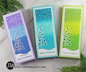 three slimline cards with ink blended backgrounds and white embossed trees created with cardmaking products from Simon Says Stamp
