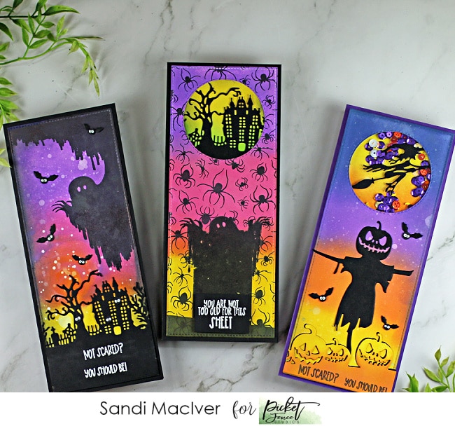 three handmade Halloween slimline cards with products from Picket Fence STudios