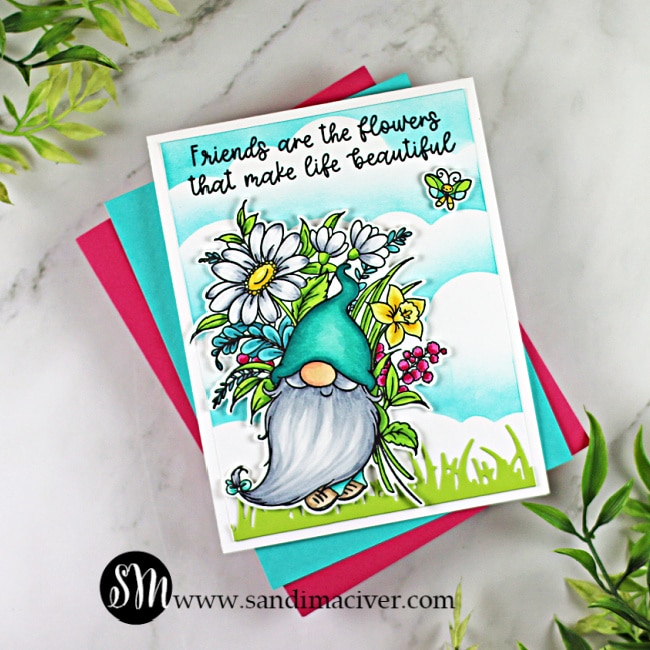 hand made greeting card with a little gnome and flowers using the Friends are Flowers stamp from Trinity Stamps