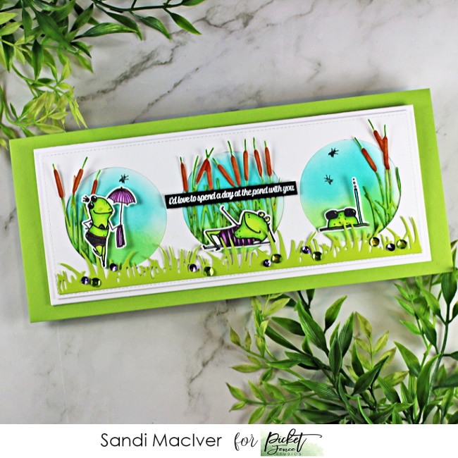 handmade slimline card with three little frogs in cat tails with products from Picket Fence Studios