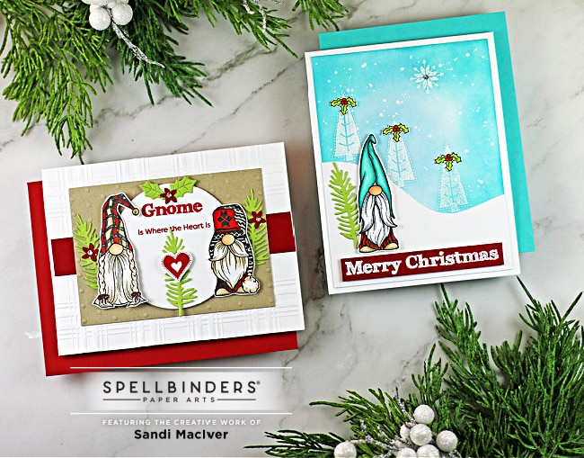 two handmade christmas cards with gnomes and trees using cardmaking supplies from Spellbinders