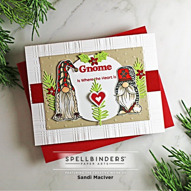 red and brown handmade christmas card with gnomes from the Holiday Gnomes stamp set from Spellbinders