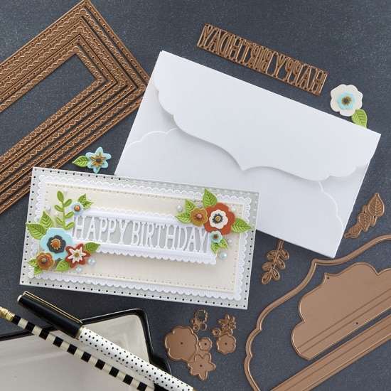 handmade mini slimline birthday card created with cardmaking supplies from the July Large Die of the Month club kit from Spellbinders