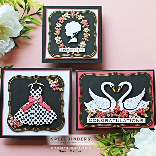 three handmade cards created with products from the Spellbinders Truly Yours Collection