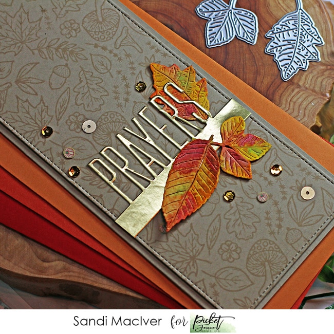fall themed handmade slimline card with die cut overlays using products from Picket Fence STudios