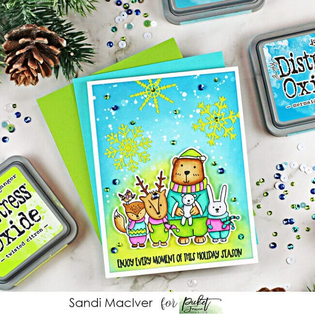 green and blue handmade christmas cards with snowflakes and forest critters using cardmaking products from Picket Fence Studios