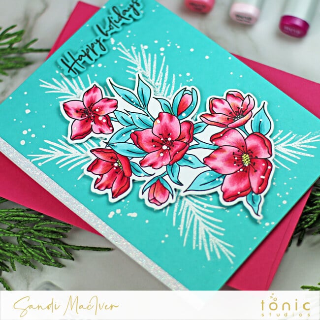 hand made blue christmas card with pink colored flowers created with new paper crafting products from Tonic Studios