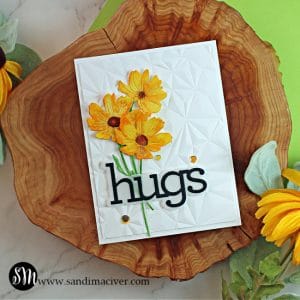 handmade white card with an embossed front and three yellow watercolored flowers using paper crafting products from SImon Says Stamp