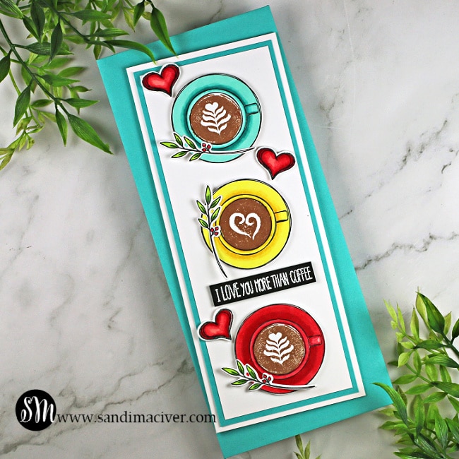 handmade slimline card with three different colors of coffee cups created using paper crafting products from Simon Says Stamp