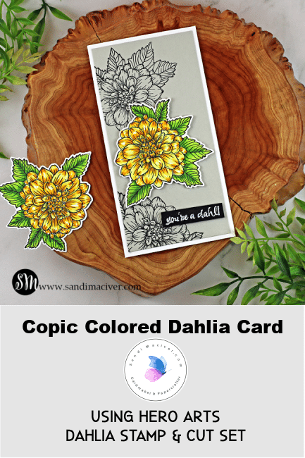 handmade mini slimline card with a yellow Dahlia using cardmaking and paper crafting products from Hero Arts