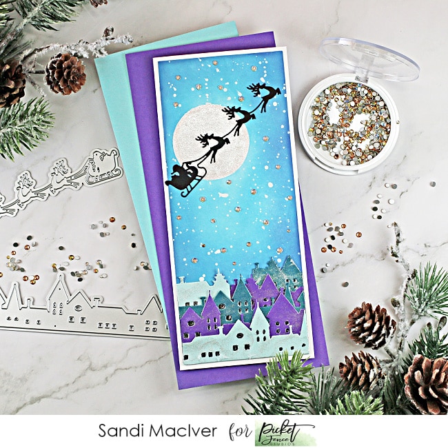 hand made slimline christmas card created with cardmaking products from Picket Fence STudios