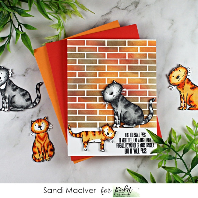 hand made card with a distress oxide ink blended background and copic colored kitties using new paper crafting products from Simon Says Stamp