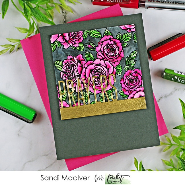 handmade greeting card with pink roses on a dark gray background created with paper crafting supplies from Picket Fence Studios