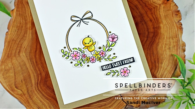 handmade card with a wreath and little yellow bird using cardmaking and paper crafting supplies from Spellbinders