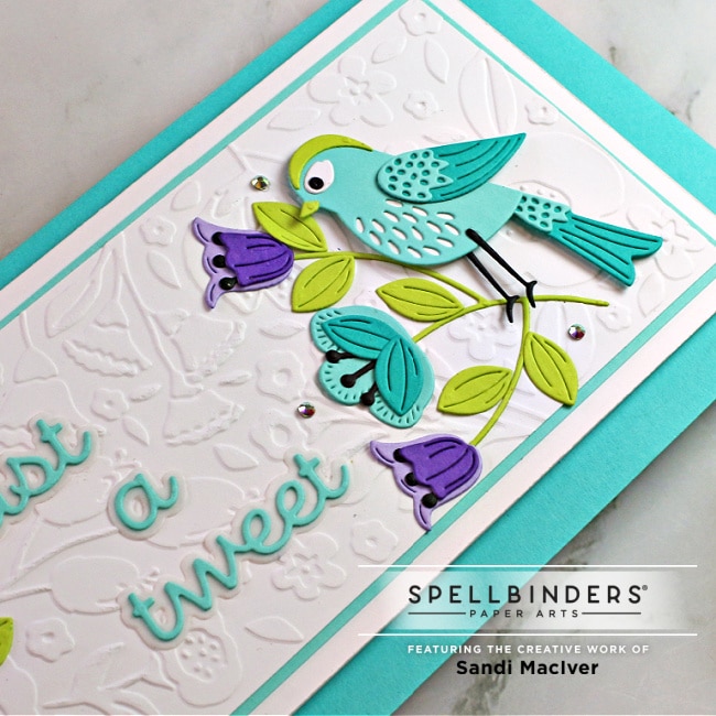 handmade slimline card Just a Tweet with a bird and flowers created with paper crafting dies from Spellbinders