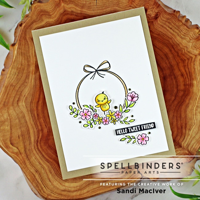 handmade card with a wreath and little yellow bird using cardmaking and paper crafting supplies from Spellbinders