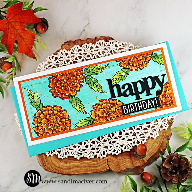 fall colored Slimline card stamped with marigolds and colored with copic markers using paper crafting products from Hero Arts