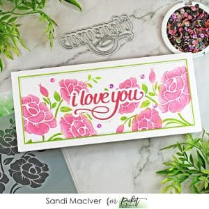 Pink and green stenciled Peonies Slimline Card created with cardmaking products from Picket Fence STudios