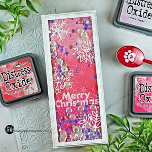 handmade pink slimline christmas card with a shaker inside created with cardmaking and paper crafting products from Simon Says Stamp
