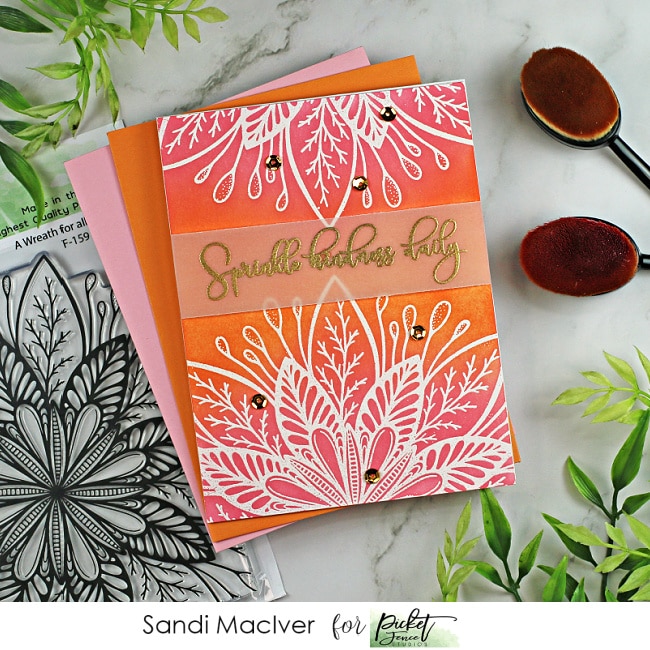 handmade greeting card with a large floral image in orange and pink created with new card making and paper crafting products from Picket Fence Studios