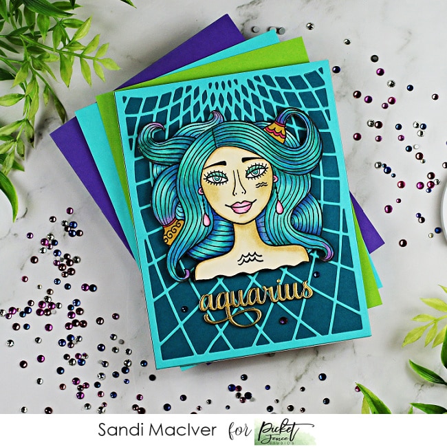handmade greeting card in blues and greens with an Aquarius girl created with new card making and paper crafting products from Picket Fence Studios 