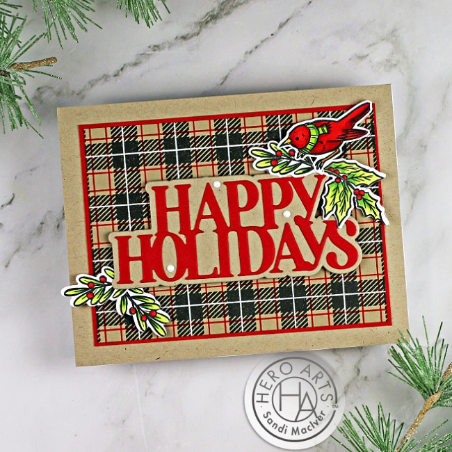 masculine handmade christmas cards with a Buffalo Check Tartan background, large die cut sentiment and birds created with paper crafting products from Hero Arts