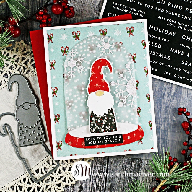 handmade blue and red christmas card with a gnome inside a globe using new paper crafting products from Simon Says Stamp