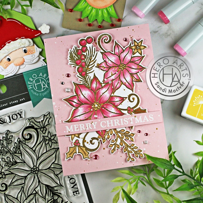 handmade pink and white poinsettia christmas card created with new paper crafting products from Hero Arts