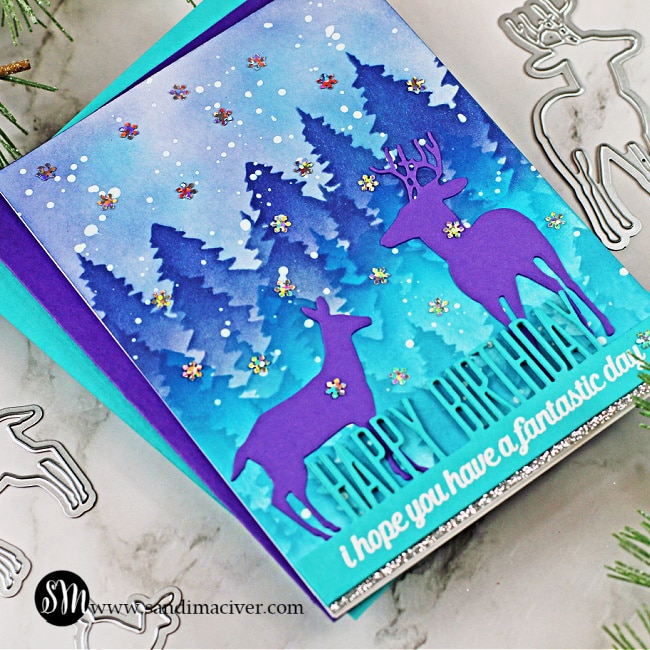 handmade masculine winter birthday card with blue and purple trees and purple deer created with paper crafting products from Picket Fence Studios