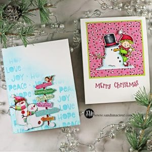 two handmade Christmas cards with snowmen and elves using paper crafting products from Simon Says Stamp