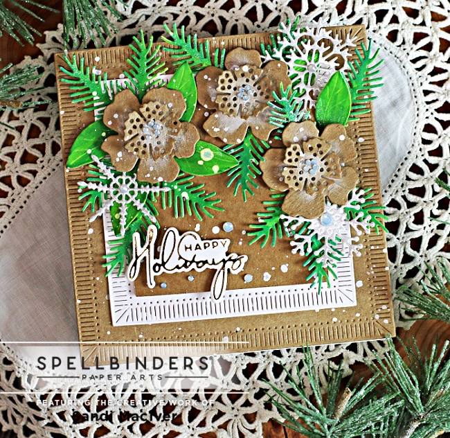 handmade square christmas card in kraft and white with florals and snowflakes using paper crafting products from Spellbinders