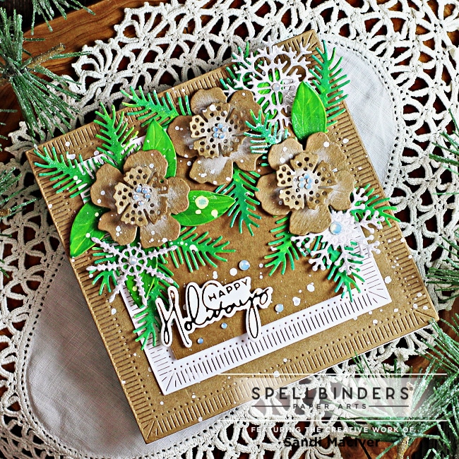 handmade square christmas card in kraft and white with florals and snowflakes using paper crafting products from Spellbinders