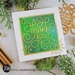 White handmade Christmas card with a green square and thank you glimmer foiled in the center using paper crafting products from Simon Says Stamp