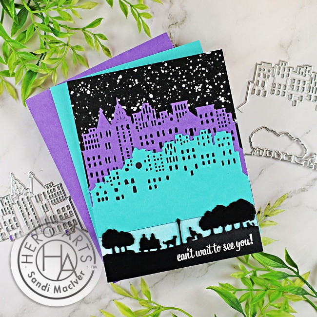 handmade city scape card in blues and purples, die cut with new cardmaking products from Hero Arts